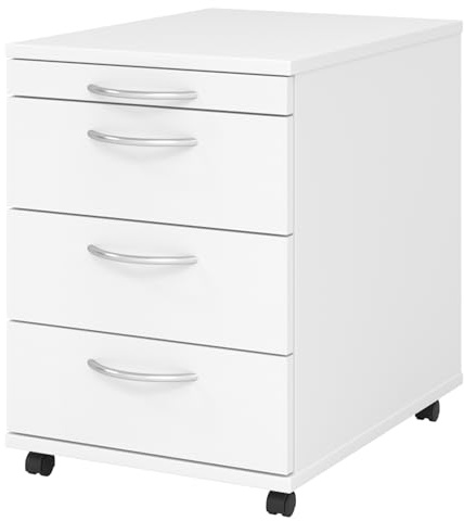 bümö Basic Rollcontainer mit Schubladen, Container aus Holz in weiß - Rollwagen für's Büro als Schreibtisch Unterschrank, Bürocontainer od. Schreibtischcontainer mit Bogengriffe
