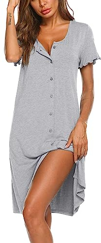 Ekouaer Umstandsnachthemd Damen Sommer Schlafshirt Kurzarm Stillnachthemd Nachtwäsche Knopfleiste Hellgrau L