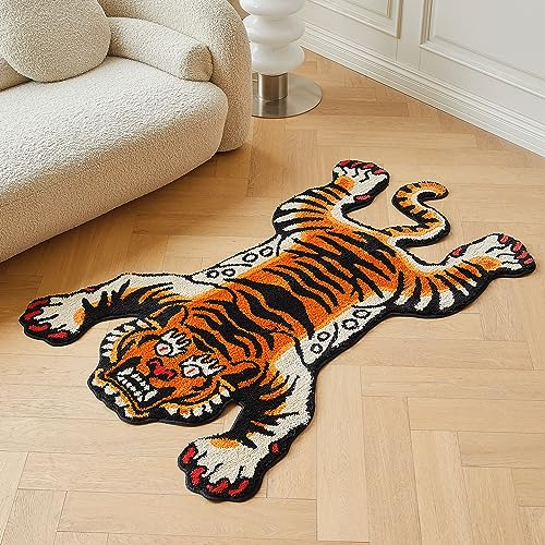 Alfombras acolchadas de pelo largo con diseño de tigre tibetano, lavables a máquina, con respaldo antideslizante de TPR para dormitorio, baño, sala de estar y comedor (naranja)
