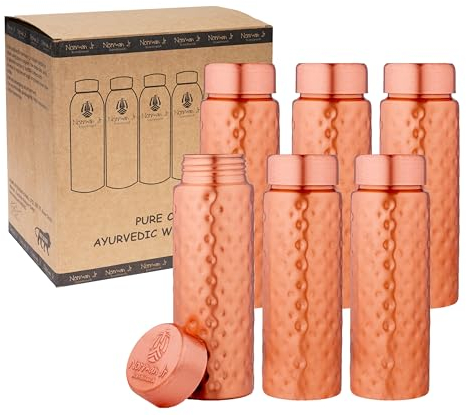 NORMAN JR, Martillado 400 ml Botella cobre delgada - Una botella ayurvédica de cobre 100% puro con buenos beneficios para la salud - Paquete de 6 botellas