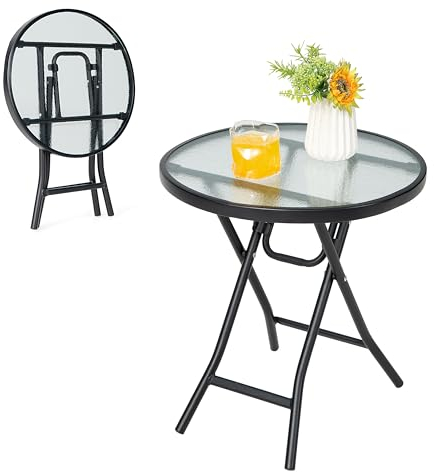 KOMFOTTEU Gartentisch rund, Beistelltisch klappbar, Bistrotisch mit Glasplatte und Metallrahmen, Seitentisch für Balkon, Terrasse, φ46 x 47 cm