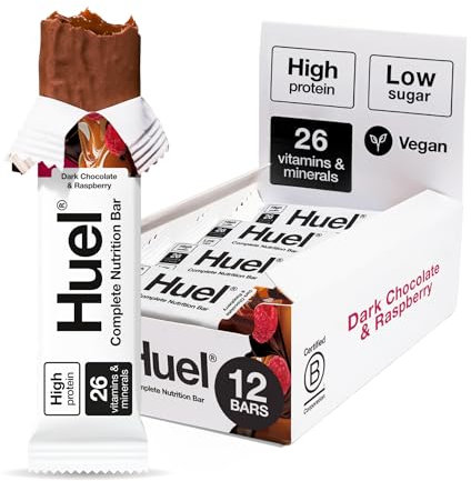 Huel Complete Nutrition Bar, 12 x 51g Bars, Dark Chocolate Raspberry, High Protein Bar, Plant-Based Protein Bars, Low Sugar, High Fibre, High-Protein Snack with Vegan Chocolate, Under 200 Calories