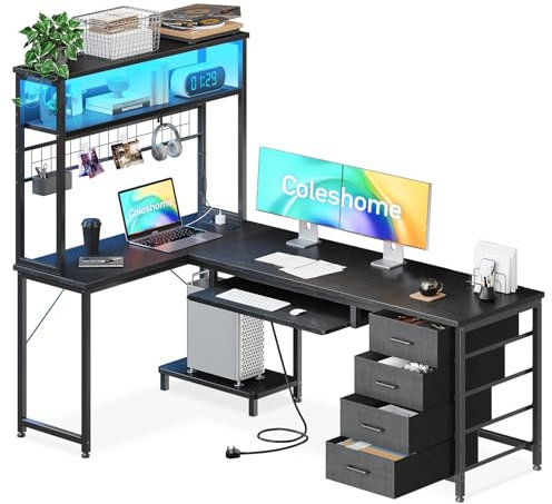 Coleshome Computer Desk with Drawers, 150x100 cm Corner Office Desk with LED Lights & Power Outlets, L Shaped Desks with Shelf & Keyboard Tray, Black