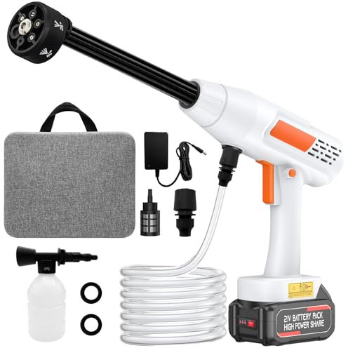 Hidrolimpiadora de Alta Presión, 2025 Últimas Hidrolimpiadora de Bateria Portátil, Pistola de Agua a Presión, 60Bar, 300L/h, Boquilla 6 en 1, Manguera de 5m, para el jardín y el Coche