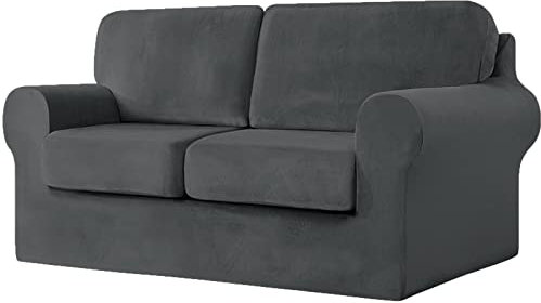 5-Piece Stretch Velvet Loveseat Cover,Sofa Slipcovers,2 Seater Couch Slipcover With Separate Backrests And Cushions Covers With Elastic Band Anti-Slip Furniture Protector(Dark grey)