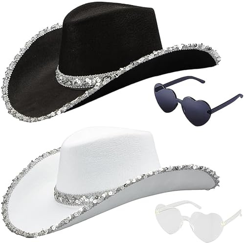 Tanganan Cowboy Hat, 2pcs Cowgirl Hat Halloween Costume for Women Men Adult Western Cow Girl Hats with Heart Glasses Dress Up Cow Girl Costume for Bachelorette Bachelor Party (black+white)