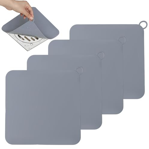 Thalire Copertura per Scarico Pavimento in Silicone Anti-Odore – Copri scarico universale per doccia, vasca da bagno e lavello, 20x20 cm, materiale PVC, installazione facile (Grigio, Set da 4 pezzi)