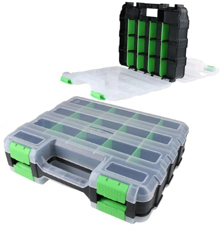 NiuLumea Caja de almacenamiento de herramientas de doble cara con 34 compartimentos extraíbles, tornillos, tuercas y piezas, tapa transparente y asa para el hogar, garaje y taller