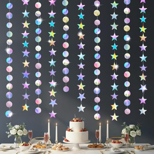 Yuccer 2 Pezzi Glitter Ghirlanda Stelle di Carta e Rotondo Bandierine Stelline Scintillanti Matrimonio Decorazioni da Appendere Compleanno Carnevale Battesimo Bimbo (Cerchio iridescente + stella)