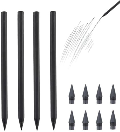 everpen Forever Pencil,Metal Infinity Pencil with Replaceable Nib, Metal Alloy Writing Instrument, With 12 Colored Refill Tips, Pencils for Drawing, Sketching and Writing (4pcs-Black)