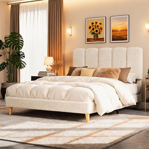 Crevyteg Modern Bouclé Upholstered Double Bed Frame 4ft6 135x190cm, Adjustable Wave Headboard, Sturdy Wooden Slats, Underbed Storage, Easy Assembly, Perfect for Expert or Guest Room, Beige