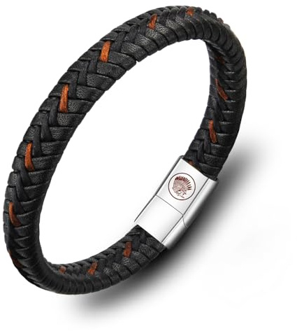 Casisto.J Bracciale da Uomo in Pelle – Bracciale Intrecciato a Mano in Vera Pelle Nera con Chiusura Magnetica Incisa, Regalo per Marito, Fidanzato o Papà