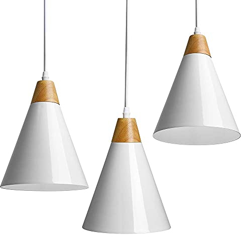 BAKAJI Set 3 Lampadari Lampade a Sospensione da Soffitto in Metallo e Legno Design Moderno Industriale Portalampada Bianco E27 Lampadina Max 25W Illuminazione Arredamento Casa con kit Montaggio