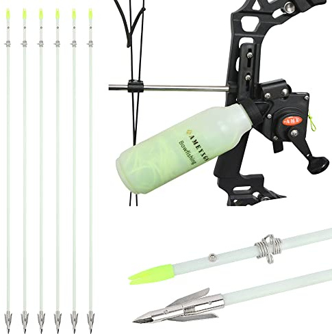 Tiro con L'Arco Bowfishing Reel Mulinello da Pesca con Arco con 40m di Corda da Pesca e 6pcs Frecce da Pesca per Pesci da Caccia con Arco Compound Ricurvo (Bianco)