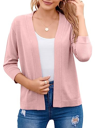 Bettysays Women's Cropped Cardigan 3/4 Sleeve Knit Sweaters Open Front Blazer Jackets for Women (Small,Pink)