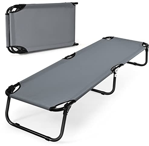 GOPLUS Lit de Camp Pliant, Lit Camping Portable 191 CM, Lit d'Extérieur avec Cadre en Acier, Tissu Oxford, Idéal pour Camping, Plage, Chasse, Randonnée（Gris）