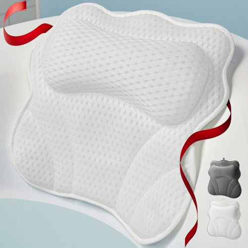 WONDERfoam Thick Padded Ergonomic Bath Pillow for Tub, Bathtub Headrest Neck and Back Support, Strong Suction Cups, Machine Washable Breathable Mesh Quick Dry Pillows, Luxury Spa Accessories, White