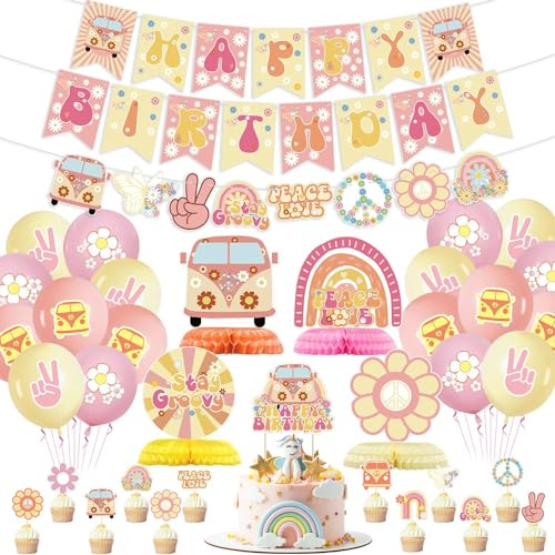 Decoraciones De Fiesta Hippie - Incluyendo Bandera De Feliz Cumpleaños, Guirnalda Hippie, Globos De Margarita, Globo De Arco Iris, Adornos De Pastel Boho Para Decoraciones De Fiesta De Los 70s 80s