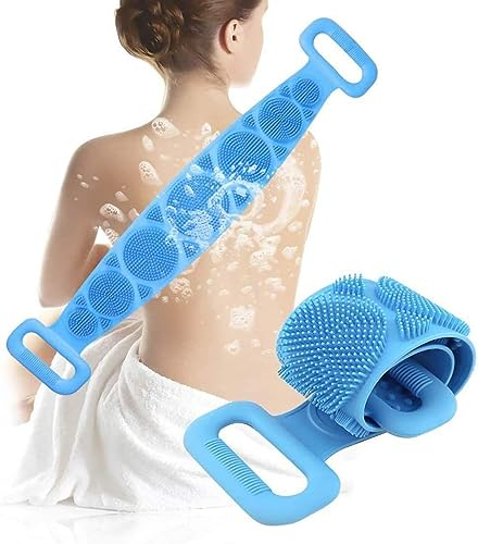 PARENCE.- Spazzola da bagno bifacciale in silicone per copr/doppi manici, elastico, esfoliante, pulizia profonda/massaggio, doccia, risciacquo schiena - blu, base 60cm