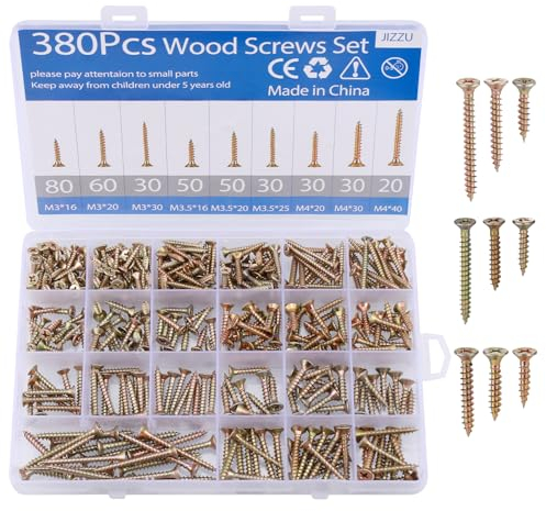 JIZZU 380 Pièces Viss à Bois Autotaraudeuses M3/M3,5/M4, Vis Cruciformes à Tête Plate Zingué Jaune Extra Fort 16mm/20mm/25mm/30mm/40mm, Vis Autoperceuses avec Boîtes de Rangement pour Bricolage