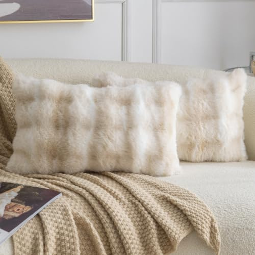 Madizz Lot de 2 Doux Peluche Laine Courte Toison Décoratif Housses de Coussin Luxe Style pour canapé Chambre Beige Blanc 30 x 50 cm