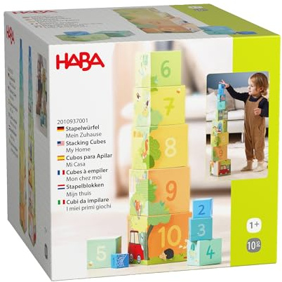 HABA Stapelbar kub mitt hem – 10-delars set av robust kartong – främjar motorik och nummerförståelse – från 12 månader – stapelbar för platsbesparande – 2010937001