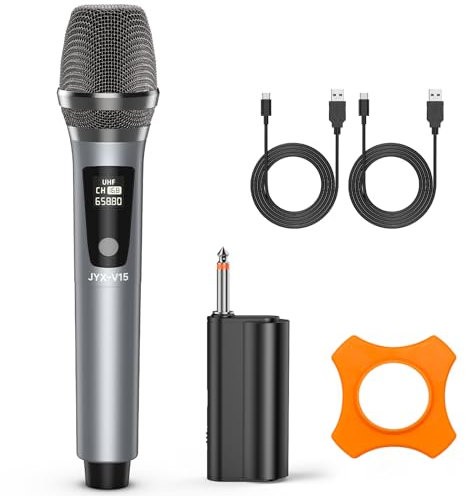 JYX Wireless Microphone, Rechargeable UHF Metal Handheld Cordless Dynamic Micprophone System with Receiver, Suitable for Home Karaoke, Speech, Church, Wedding, Speaker, Party (Grey-1 Mic)