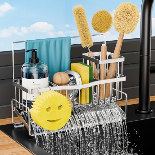Adurei Organizador Cocina Soporte para Esponjas de Fregadero de Cocina Acero Inoxidable Autodrenante para Estante de Toalla de Gancho de Esponja con Cepillo Alto y Gadgets para Mostradores, Plata