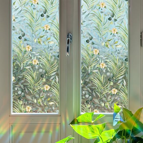 Runtoo Window Privacy Film Rainbow Palm Leaves Window Clings 3D Decorative Boho Vinyl Stained Glass Tropical Plant Leaf Decals Static Sticker Non-Adhesive, 15.75 x 40 inches