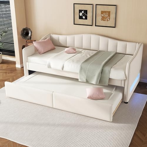 NovaFurnish Lettino da giorno 90 x 200 cm con letto estraibile, divano letto, letto singolo (senza materasso), design della luce ambientale, lino, stile minimalista (beige)