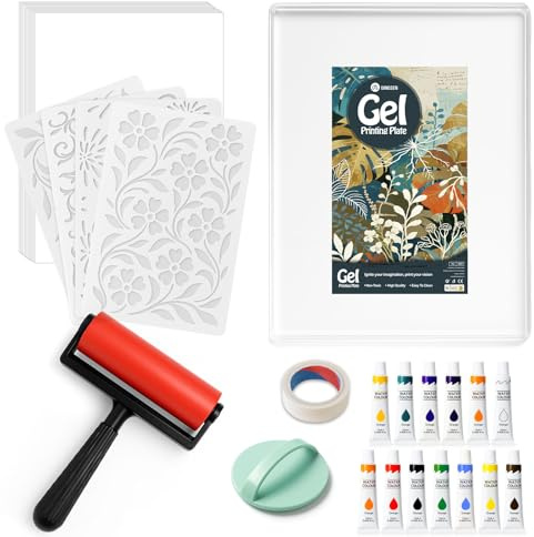 Gel Printing Plate,Gelli Plate Printing kit with 8” X10” Gelli Plate, Brayer Roller, Watercolor Paints, A4 Printmaking Paper, and Essential Tools for Mixed Media Art, Monoprinting, Card Making