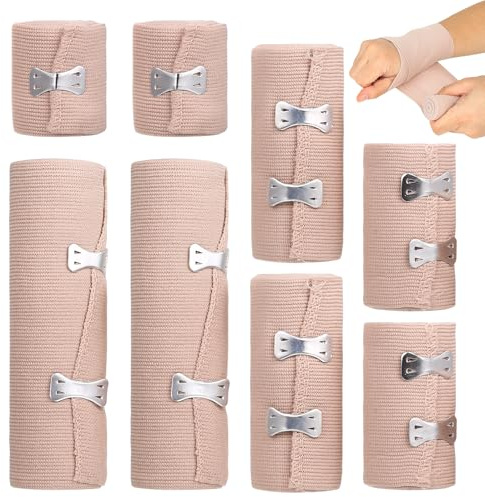 8 Pcs Compression Bandages, Support Bandage Wraps, Washable & Reusable Elastic Bandages with Self-Closures Clips for Ankle Knee Wrist Hand Foot Legs (5/7.5/10/15 cm) x 4.5M