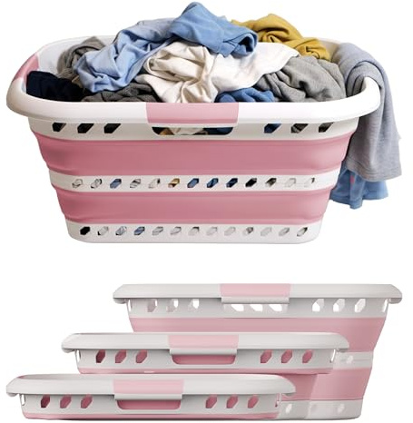 Knight Collapsible Laundry Basket 42L–Foldable Washing Basket with Handles, Large Space-Saving Basket for Clothes – Multipurpose Laundry Hamper & Collapsible Washing Baskets for Laundry (Pink)