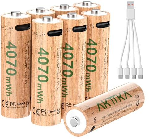 Juego de 8 Pilas AA de Litio 4070 mWh, 1,5 V, con Cable de Carga USB C 5V/2A de 1 a 4, Gran Potencia para mandos de Juegos, cerraduras de Puertas Inteligentes, cámaras de vigilancia