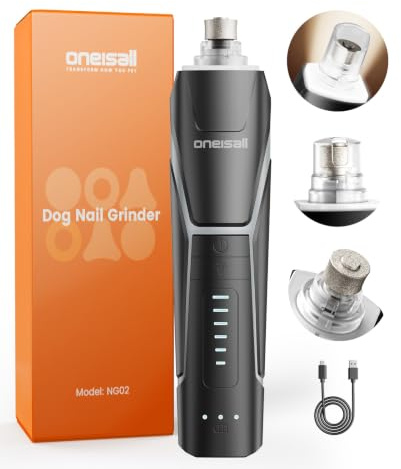 oneisall Lima Uñas Perro, Luz LED 360°, Limador Uñas Perro 6 velocidades hasta 12000 RPM, Ultrasilencioso 40 dB Cortador Uñas Perro, Recargable por USB-C, Apto para Perros de Todos los tamaños