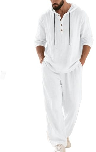 Cotton Linen Tracksuit for Men Uk Summer Casual Beach 2 Piece Outfit Co Ord Set Drawstring Hooded Long Sleeve Henley Tops Wide Leg Elastic Waist Trouser with Pocket Vacation Holiday Gym Workout S-3XL