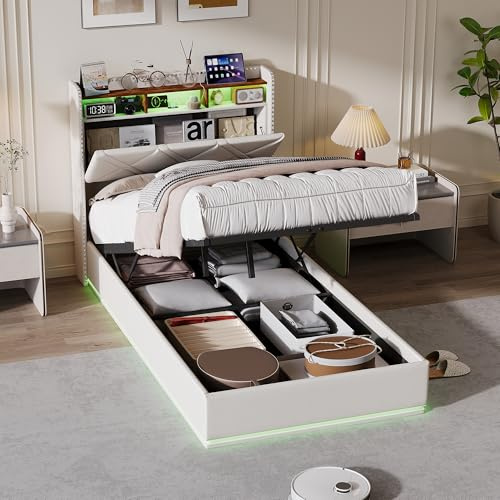 KOOPMAD Cama individual 90x200 con cajón, cama tapizada con LED y USB, cama juvenil 90x200 con espacio de almacenamiento en el cabecero, cama tipo boxspring, sofá cama, estructura de cama con somier