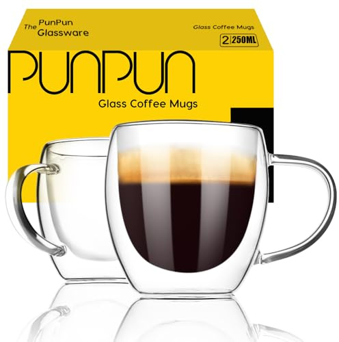 PunPun Juego de 2 tazas de café expreso de 250 ml, vasos de vidrio aislados de doble pared, juego de 2
