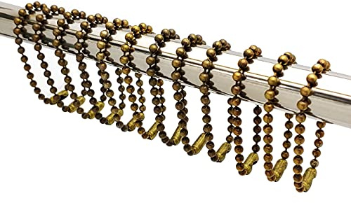 Antique Brass Shower Curtain Hooks, 6 Inch Ball Chain Design, 12 Pack Rust-Resistant Metal Curtain Rings for Bathroom Rods, Heavy Duty 4.5mm Shower Curtain Hangers