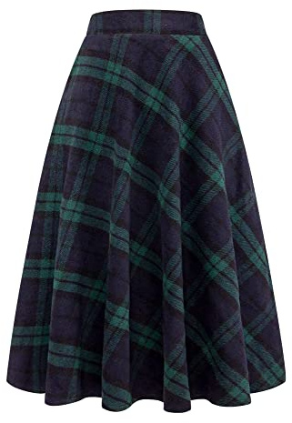Falda Larga de Lana a Cuadros para Mujer, para Invierno, otoño, cálida, Cintura Alta elástica, Acampanada, Plisada, de Lana Escocesa, Verde, Large