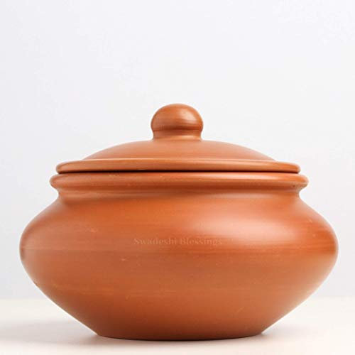 Swadeshi Blessings Handmade Exclusive Range Unglazed Earthen Dahi Handi/Curd Pot/Mitti Handi/Clay Pot with Lid, Also for Serving (with Natural White Firing Shade) (Red, Traditional-1.3 litres)
