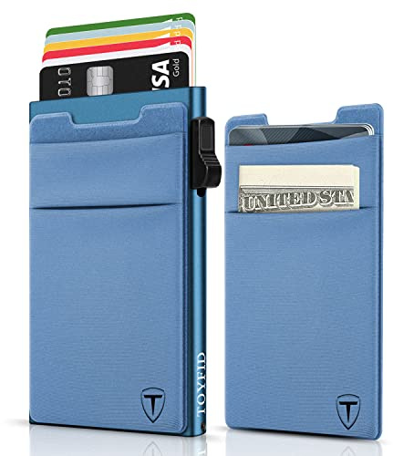 TOYFID Minimalistische Geldbörse mit Kompartiment Schmaler Kartenhalter für 6 Karten Bargeld RFID-blockierendes Metall Kartenetui für Männer,Extra selbstklebendes Münzfach für Telefon,Blau