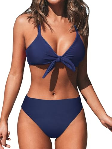 CUPSHE Conjunto de bikini para mujer, cuello en V, con nudo delantero, cintura baja, espalda cruzada, traje de baño de 2 piezas, Azul índigo, M
