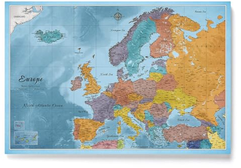 Canvas Europakarte mit Pinnwand Kork zum Pinnen der Reiseziele - Wanddeko für Jeden Raum - Hochwertige Leinwand Bilder mit Europakarte (90x60 cm, Muster 10)