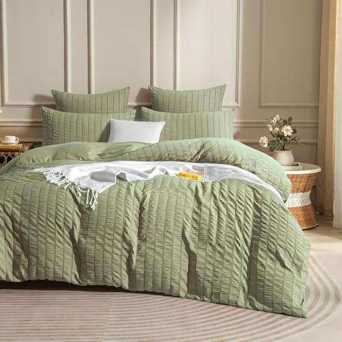 Luowei Biancheria da letto in seersucker, 155 x 220 cm, motivo a righe, reversibile, moderna, morbida, traspirante, Oeko-TEX, con chiusura lampo e 2 federe da 80 x 80 cm