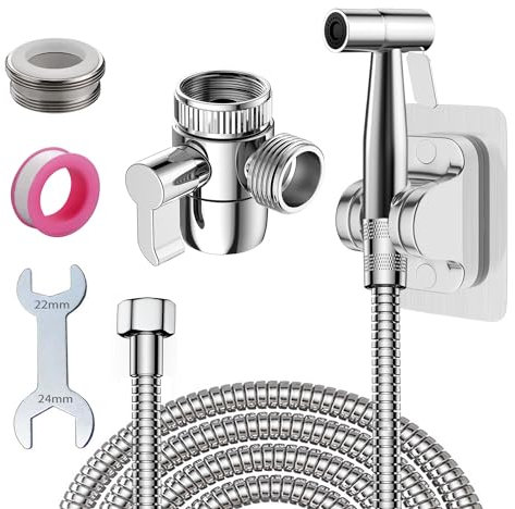 Roscid Bidet Handbrause für Toilette mit Federschlauch 2M, Handbrause Bad Bidet mit 3 Wege Wasserhahn und 2M Schlauch für Reinigung Spüle, Badezimmer Ecke, Toilette, WC, Persönliche(Argent)