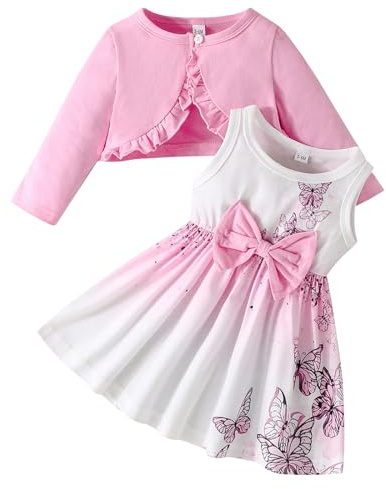 Kunyeah Conjunto de vestido y cárdigan para bebé niña Abrigo de encogimiento de hombros con volantes para bebés Falda con estampado de mariposas Atuendo de manga larga para niños pequeños