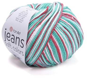 YarnArt Jeans mjuka färger – flerfärgad akrylblandning i bomull, 50 g 174 yds, lätt mjuk tråd för stickning, virkning, amigurum och gör-det-själv-hantverk (6215)