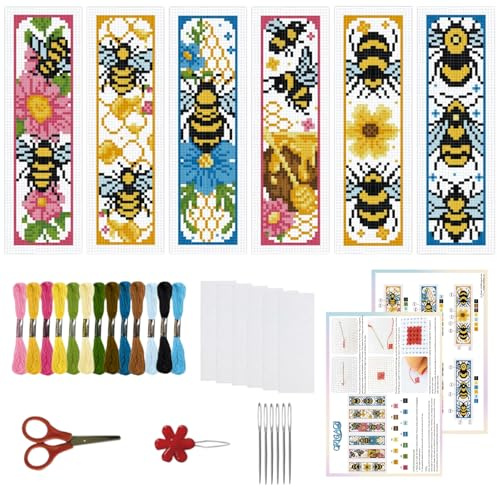 ORIGACH Kit de 6 marque-pages au point de croix Motif Les abeilles | avec instructions pour débutants - Kit de bricolage imprimé au point de croix pour les amateurs de