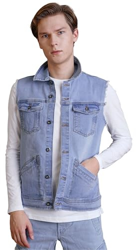Enorsia Ärmlös denimjacka för män – normal passform stretch jeansväst, Mid Indigo och ljusblå tvätt, knappar fram grova klippta armhål vardaglig lagerväst, Lätt tvätt, XXL